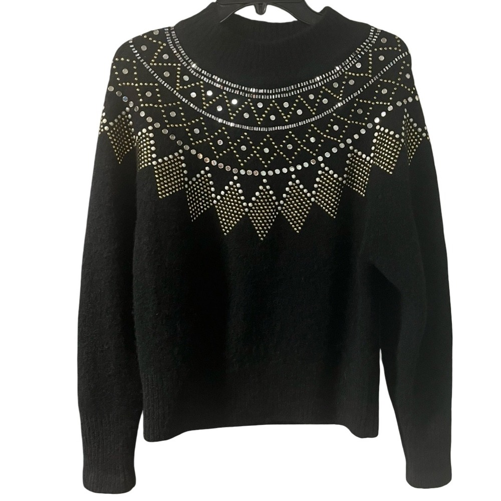 Sandro Paris Black Sweater Embellished Gold Silver Rhinestones Size 0 or‎ XS - Picture 5 of 11
